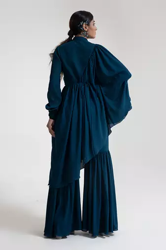 Teal blue georgette blend sharara set