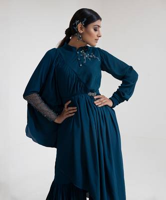 Teal blue georgette blend sharara set 4