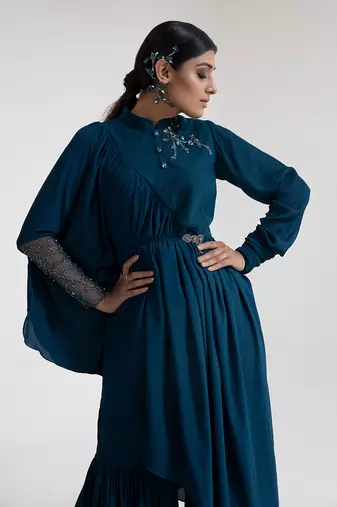 Teal blue georgette blend sharara set