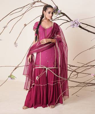 Wine modal satin sharara set 1
