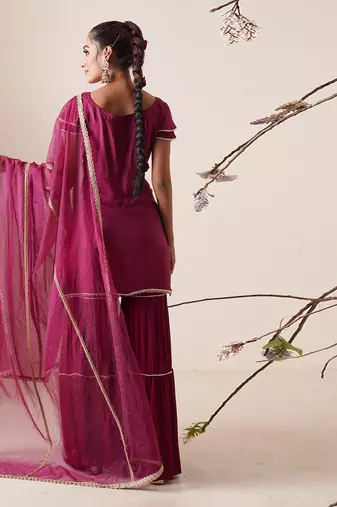 Wine modal satin sharara set