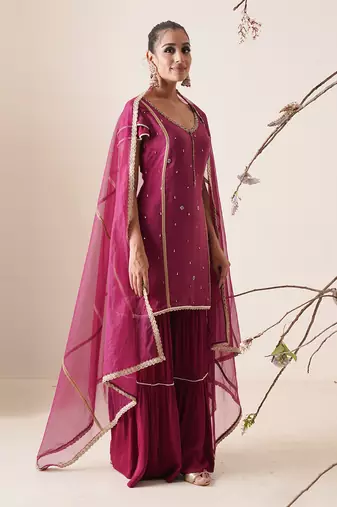 Wine modal satin sharara set