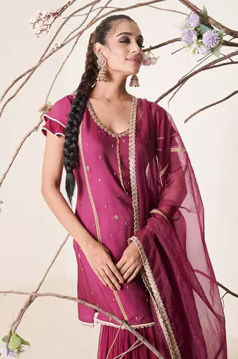 Wine modal satin sharara set