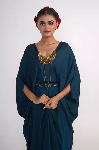 Teal blue modal satin kaftaan