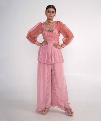 Pink chiffon and organza kurti set 1