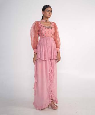 Pink chiffon and organza kurti set 2