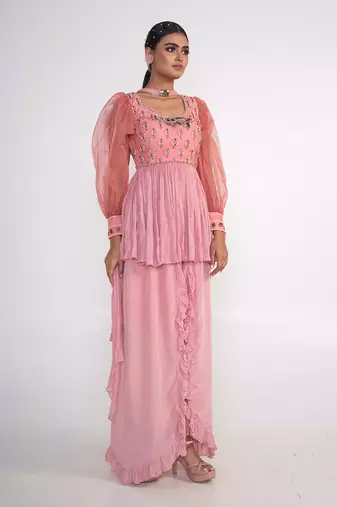Pink chiffon and organza kurti set
