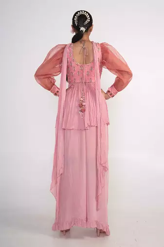 Pink chiffon and organza kurti set