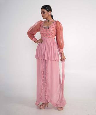 Pink chiffon and organza kurti set 4