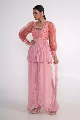 Pink chiffon and organza kurti set