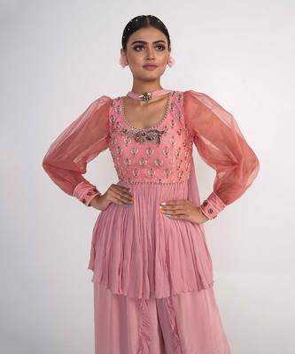Pink chiffon and organza kurti set 5