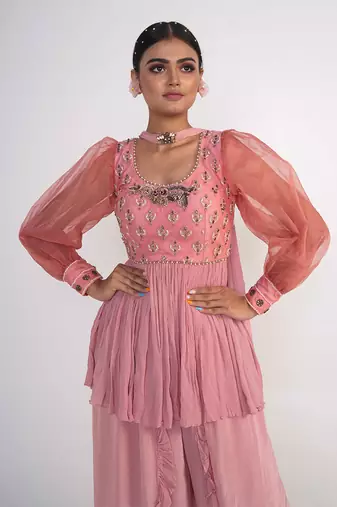Pink chiffon and organza kurti set