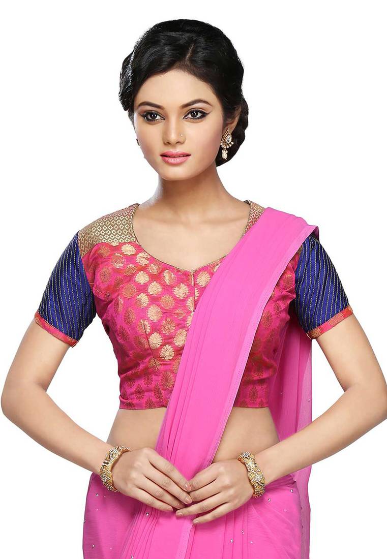 Baby pink & royal blue color Air hostess neck style Tradetional Look Party wear Blouse