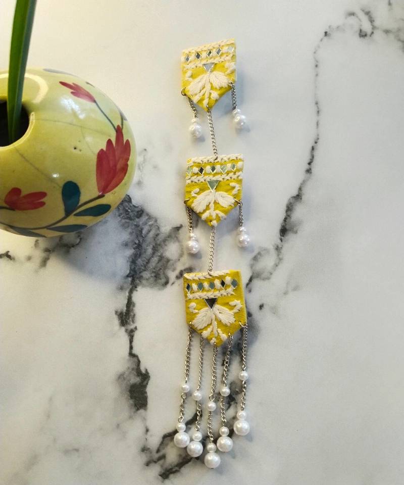 Shades yellow chikankari brooch/button with embellishments