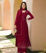 Trendmalls Pink Georgette Embroidered Side Slit Party Wear Kurta Pant with Dupatta Salwar Suit Set