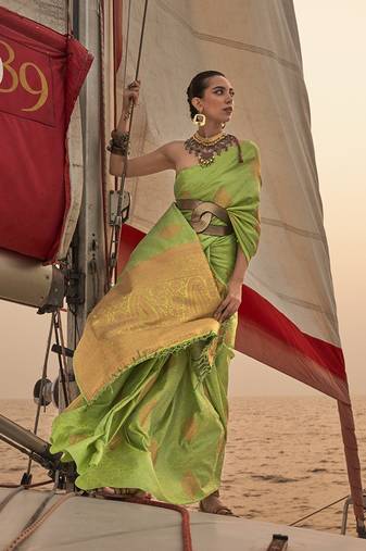 Parrot green color satin pastel handloom weaving saree