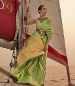 Parrot green color satin pastel handloom weaving saree