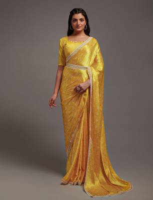 Yellow Colour Pure Satin Digital Printe Saree WITH UN-STITCHED BLOUSE 1