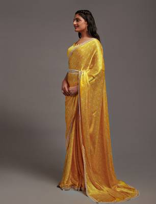 Yellow Colour Pure Satin Digital Printe Saree WITH UN-STITCHED BLOUSE 3