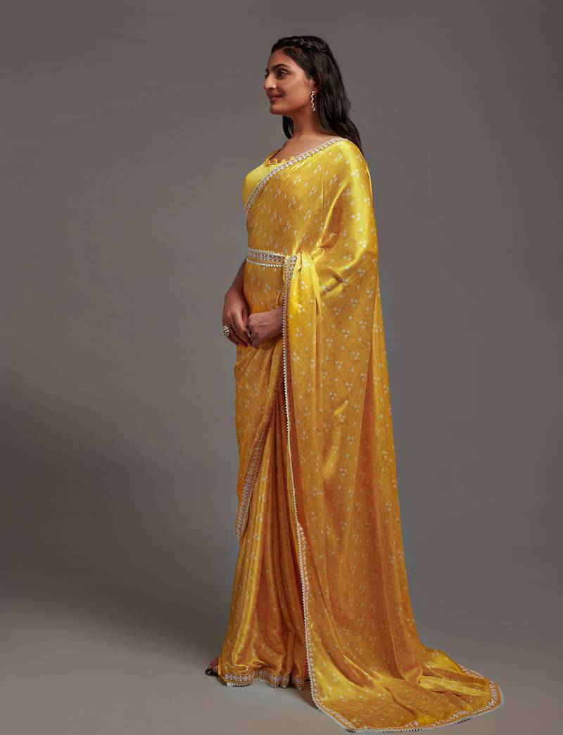 Yellow Colour Pure Satin Digital Printe Saree WITH UN-STITCHED BLOUSE