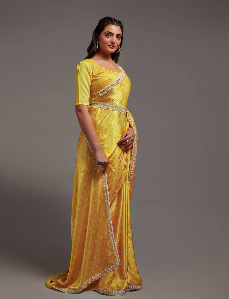 Yellow Colour Pure Satin Digital Printe Saree WITH UN-STITCHED BLOUSE