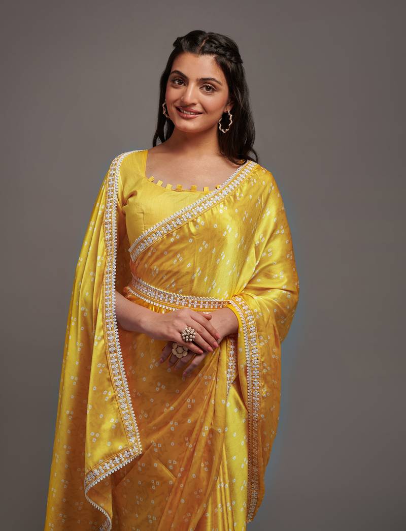Yellow Colour Pure Satin Digital Printe Saree WITH UN-STITCHED BLOUSE