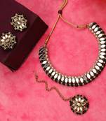 Zaffrecollections stylish mirror and black pearl choker set with maang tikka for women and girls