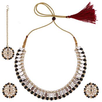 Zaffrecollections stylish mirror and black pearl choker set with maang tikka for women and girls 3