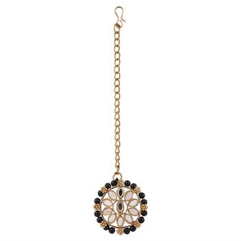 Zaffrecollections stylish mirror and black pearl choker set with maang tikka for women and girls 5