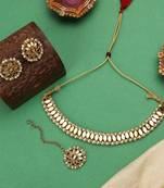 Zaffrecollections stylish mirror and gold pearl choker set with maang tikka for women and girls