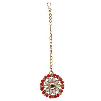 Zaffrecollections stylish mirror and red pearl choker set with maang tikka for women and girls 5