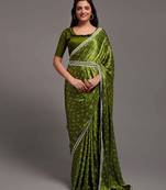 Green Colour Pure Satin Digital Printe Saree WITH UN-STITCHED BLOUSE