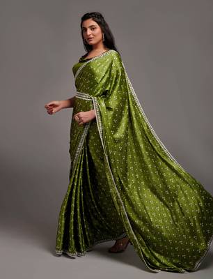 Green Colour Pure Satin Digital Printe Saree WITH UN-STITCHED BLOUSE 4