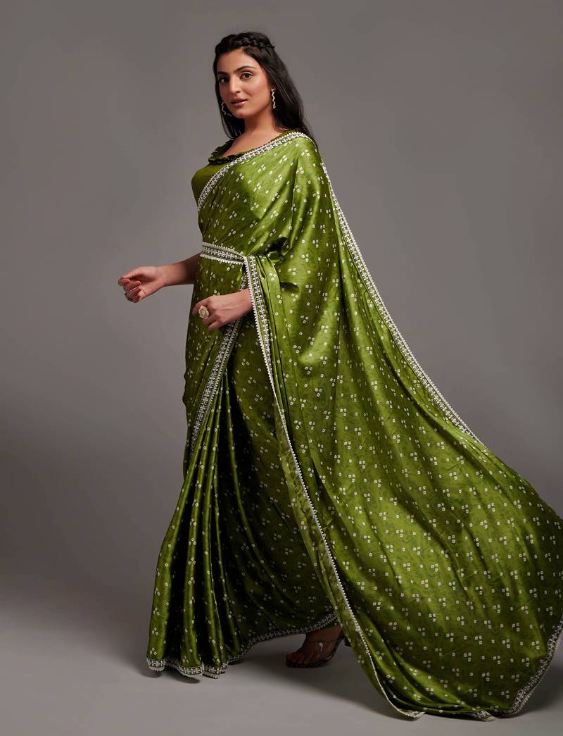 Green Colour Pure Satin Digital Printe Saree WITH UN-STITCHED BLOUSE