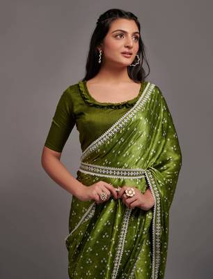 Green Colour Pure Satin Digital Printe Saree WITH UN-STITCHED BLOUSE 5