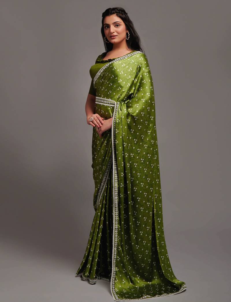 Green Colour Pure Satin Digital Printe Saree WITH UN-STITCHED BLOUSE