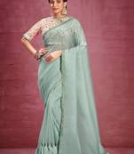 Light Blue Net Organza Heavy Embroidered Saree With Stitched Blouse