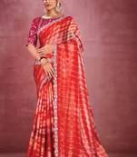 Red satin silk georgette heavy embroidered saree with stitched blouse