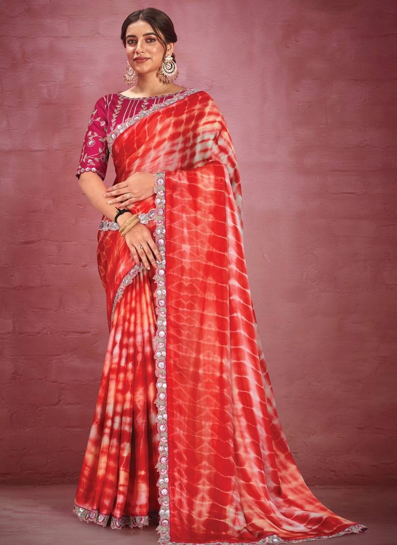 Red satin silk georgette heavy embroidered saree with stitched blouse
