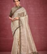 Beige Patterned Organza Stripe Sequence Work Saree With Stitched Blouse