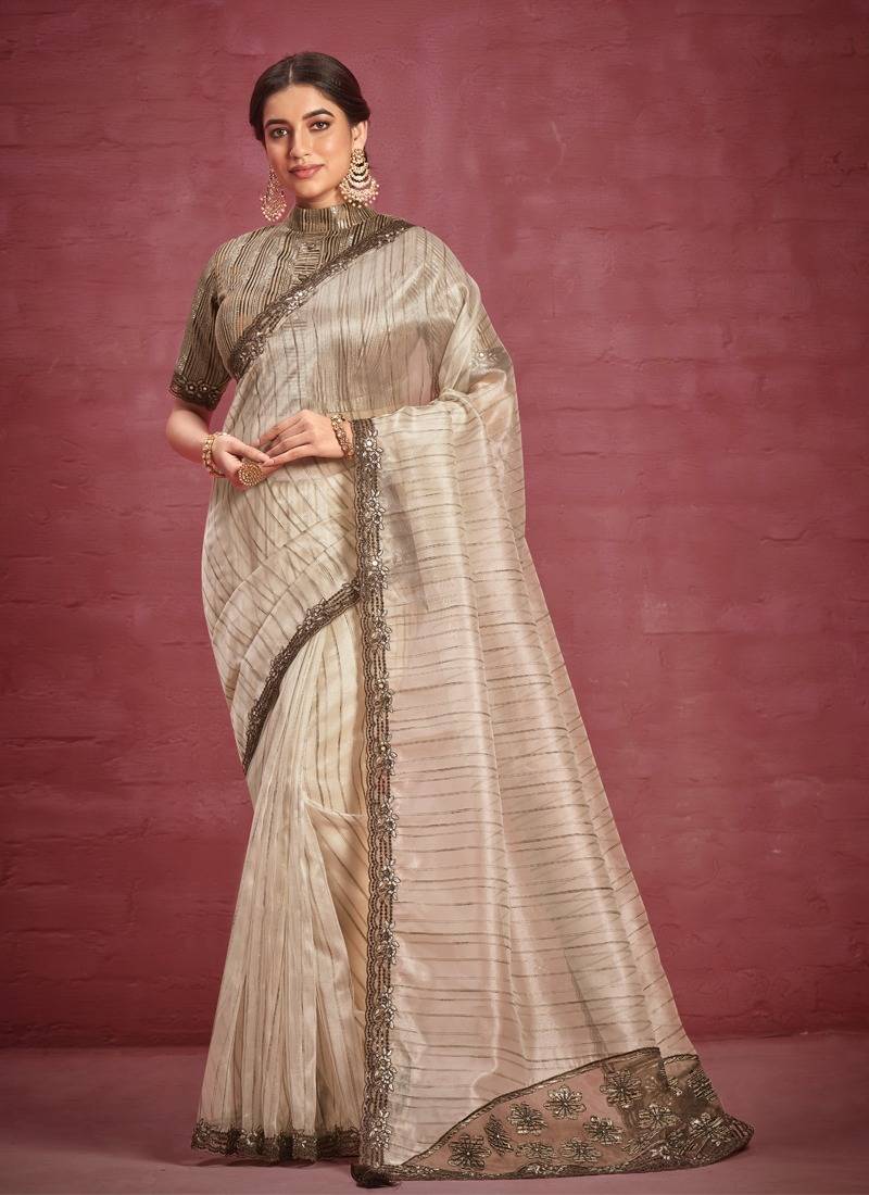 Beige Patterned Organza Stripe Sequence Work Saree With Stitched Blouse