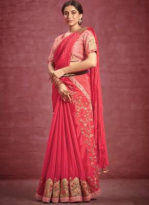 Pink Silk Crepe  Floral Embroidered Work Saree With Stitched Blouse 1
