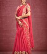 Pink Silk Crepe  Floral Embroidered Work Saree With Stitched Blouse