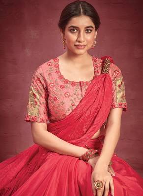 Pink Silk Crepe  Floral Embroidered Work Saree With Stitched Blouse 2