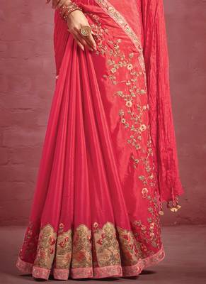 Pink Silk Crepe  Floral Embroidered Work Saree With Stitched Blouse 3