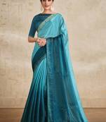Ocean blue satin silk heavy embroidered saree with unstitched blouse piece