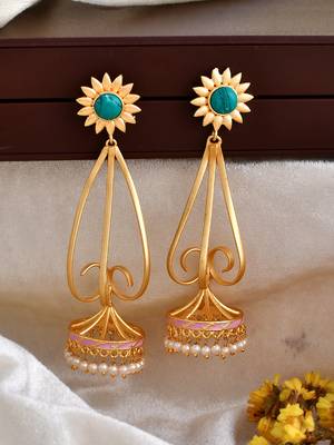 Gold plated turquoise long jhumka earrings 1