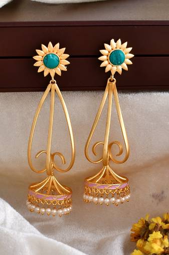Gold plated turquoise long jhumka earrings