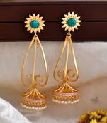 Gold plated turquoise long jhumka earrings