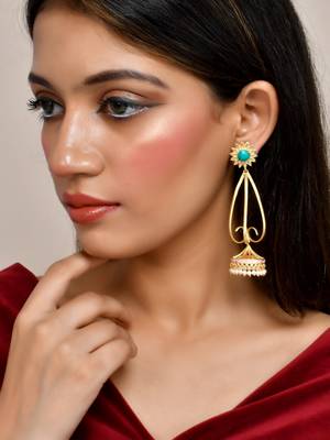 Gold plated turquoise long jhumka earrings 2